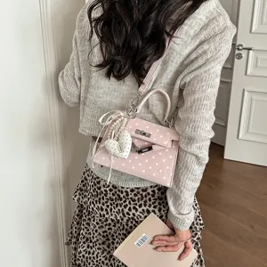 Pink polka dot women Kelly handbag trendy chic shoulder bag for daily work use style.