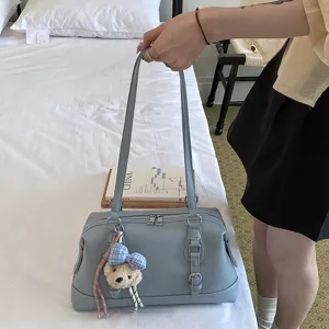 Vintage large-capacity light blue women underarm shoulder bag, simple versatile daily commute style.