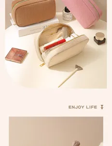 Corduroy cosmetic bag large capacity travel makeup pouch multi-compartment zipper organizer detail