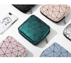 Mini PU sanitary napkin storage bag portable geometric pouch cute cosmetic makeup organizer for girls
