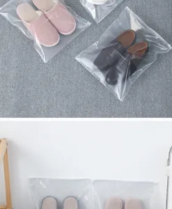 Clear plastic shoe storage bags detail showing transparent design and secure zipper closure.