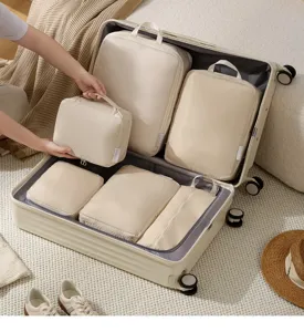 Reis compressie packing cubes set van 6 beige organizer voor koffer en kleding opberg.