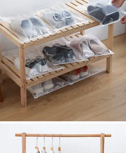 Transparent shoe storage bag detail view, dustproof zipper bag for travel organization.