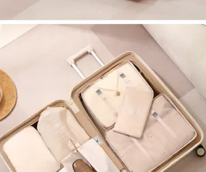 Detailed view of beige travel storage bags set neatly organized inside an open suitcase.
