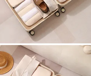 Detailed view of travel packing cubes set, beige luggage organizers for clothes and shoes.