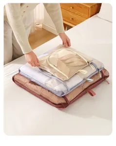 Detailed view of breathable mesh travel storage bag, portable foldable luggage organizer.