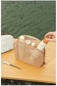 Mesh cosmetic bag detail view showing large capacity and handy organization for travel toiletries.