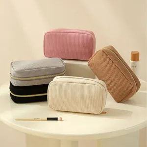 Corduroy Cosmetic Bag Large Capacity Portable Travel Makeup Pouch Zipper Toiletry Storage Bag Multipurpose Organizer