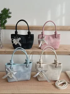 Minimalistische PU Leder Eimertasche Für Damen Trendige Handtasche Mit Schleife Künstliche Perle Anhänger Elegante Umhängetasche Casual Tote