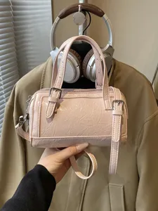 Women Retro PU Leather Boston Bag Glossy Crinkle Textured Small Pillow Shaped Top Handle Handbag Adjustable Shoulder Crossbody Bag For Daily Commuting