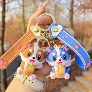 Cute Corgi Dog Milk Tea Cup Keychain PVC Cartoon Animal Bag Pendant Car Key Ring Kawaii Couple Gift