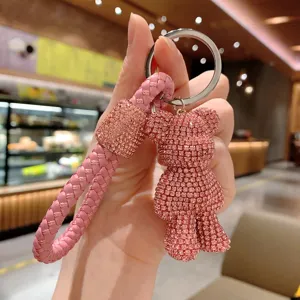 Portachiavi Creativo in Lega e Strass a Forma di Orso Con Cinturino in Pelle Intrecciata Anello per Chiavi Auto Cartone Animato Ciondolo per Borsa Decorazione