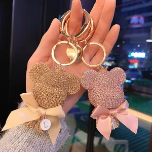 Fashion Metal Rhinestone Big Head Bear Keychain Sparkling Crystal Bowknot Bag Charm Letter Pendant Car Keyring For Women Gift