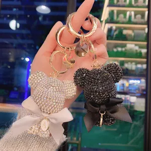 Rhinestone Bear Keychain Cute Bow Car Key Ring Sparkly Crystal Bag Pendant Charm Accessory