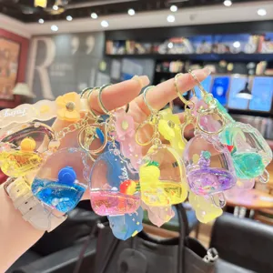 Cute acrylic quicksand keychain pendant with floating liquid ice cream bag charm gift