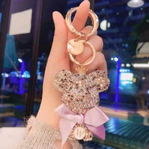 Rhinestone bear keychain with purple bow letter W charm metal key ring for women gifts