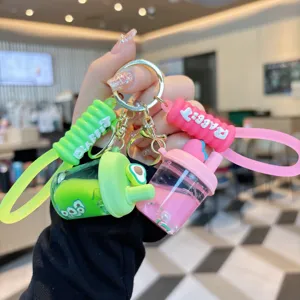 Cute liquid quicksand keychain with acrylic straw cup pendant cute bag charm gift