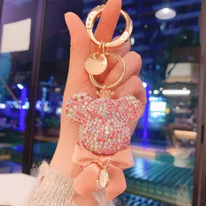 Rhinestone bear keychain with pink bow and letter pendant sparkling crystal bag charm gift for women