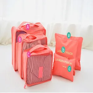 Pink travel packing cubes and laundry pouches set for luggage organization detail view.