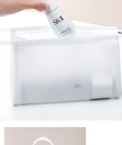 White mesh toiletry bag waterproof portable cosmetic organizer travel storage pouch
