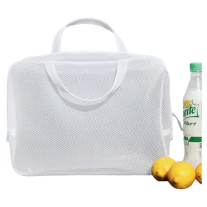 White mesh toiletry bag, large capacity portable travel makeup storage pouch with handle.