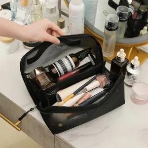 Black mesh makeup bag with large capacity, double zipper, portable travel cosmetic bag.