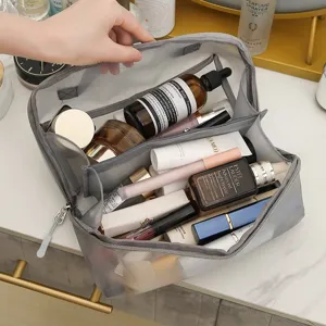 Grey mesh cosmetic bag large capacity travel makeup storage organizer pouch for women