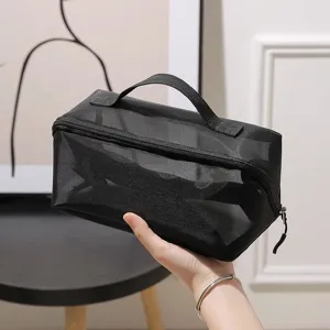 Black mesh cosmetic bag large capacity portable travel makeup organizer storage bag