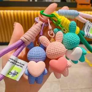 Cute resin heart rabbit keychain with colorful woven lanyard and metal clasp bag charm