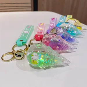 Cute floating liquid glitter ice cream keychain with silicone strap and bell, perfect gift.