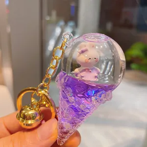 Cute floating oil ice cream rabbit keychain bag charm crystal liquid quicksand ring pendant