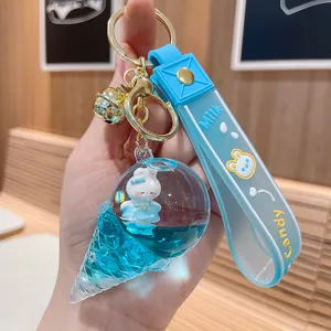 Cute floating liquid rabbit ice cream keychain, stylish silicone strap bag pendant gift.