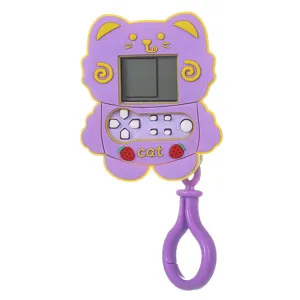 Cute purple cat electronic handheld game console keychain with mini screen and fun toy design.