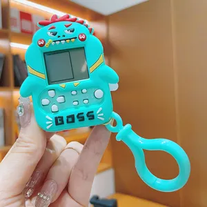 Cute cartoon dinosaur handheld game console keychain, portable mini retro electronic toy pendant.