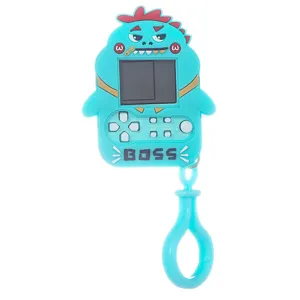Cartoon dinosaur handheld game console keychain, retro electronic toy pendant with silicone strap.