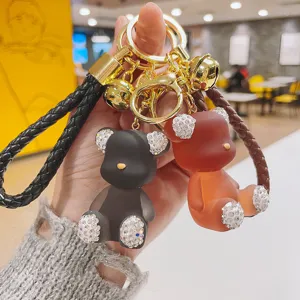 Cute rhinestone bear keychain for keys and bags, sparkling crystal pendant accessory gift.