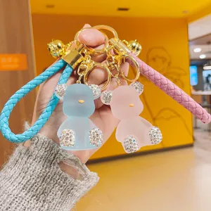Cute jelly bear keychain with sparkling rhinestones, perfect bag pendant and car key accessory.