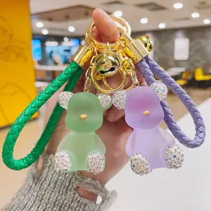Creative Jelly Bear Keychain With Rhinestone Inlaid Leather Woven Cord Metal Key Ring Cute Cartoon Animal Bag Charm Car Key Holder Holiday Gift