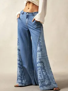 Women blue wide leg flare jeans with side bohemian floral ethnic print high waist trousers