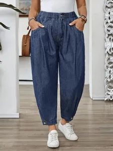 Femme bleu ballon jean pantalon taille haute decontracté élégant quotidien vetement