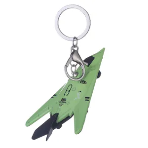 Alloy mini fighter jet keychain in green color, stylish metal keyring and clasp for bags.