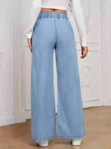 Back view detail of women's casual light blue wide-leg jeans with comfortable elastic waist.