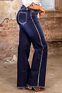 Jeans donna a zampa vita alta blu scuro pantaloni in denim sfrangiato stile casual