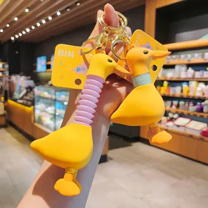 Close-up of cute telescopic long neck yellow duck keychain and adorable bag charm.