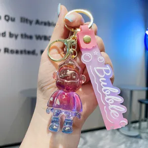 Gradient crystal cartoon boy keychain with pink bubble strap, cute backpack pendant.
