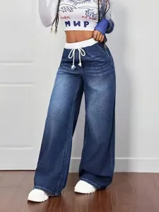 Pantalon large en denim extensible grande taille avec taille élastique à cordon pour loisirs.