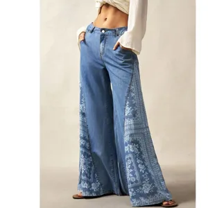 Women Casual High Waist Denim Pants Ethnic Print Bohemian Flare Jeans Long Trousers Loose Fit Blue Denim Trousers