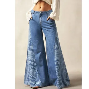 Women blue denim wide leg flared pants with side ethnic print bohemian style casual trousers