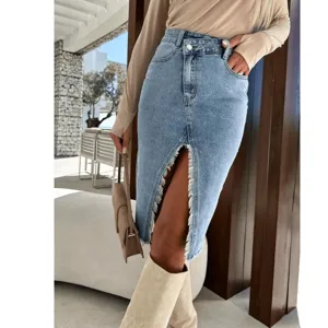 Donna Casual Misto Cotone Gonna In Denim Vita Alta Vestibilità Affusolata Tinta Unita Spacco Aneriore Gonna Midi Streetwear
