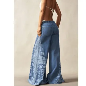Women blue wide-leg flare jeans bohemian ethnic side print high-waist denim trousers